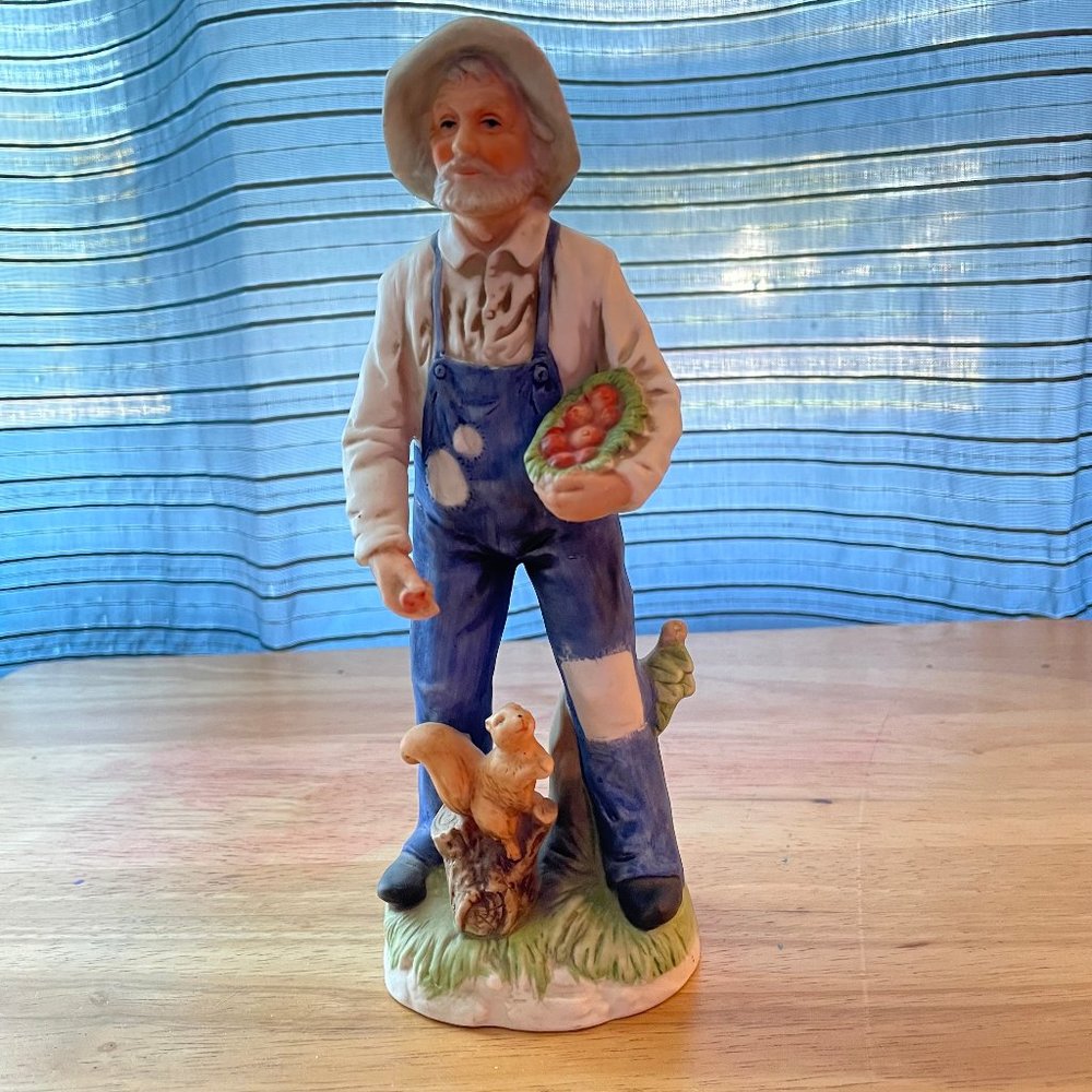 Homco #1409 Old Farm Man Porcelain Figure Collecting Acorns Pecans with Squirrel